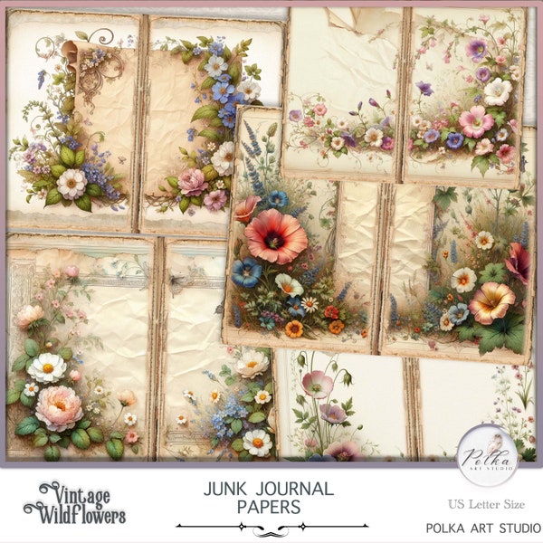 Spring Botanical Junk Journal Digital Kit, Summer Wildflowers Printable Decorative Journal Pages, Herbal Collage, Scrapbook Paper Kit,Nature