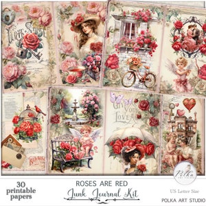 Páginas románticas de San Valentín con rosas rojas para diario basura, decoración vintage de amor, kit de diario, estilo victoriano shabby chic, papeles, descarga instantánea