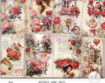 Romantic Red Roses Junk Journal Kit: Shabby Chic Ephemera (Digital Download)