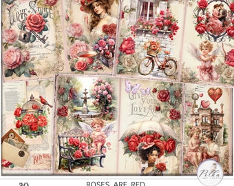 Junk Journal Romantic Red Roses Valentines Pages, Love Vintage decorative, Journaling kit,Shabby Chic Victorian, papers Instant download