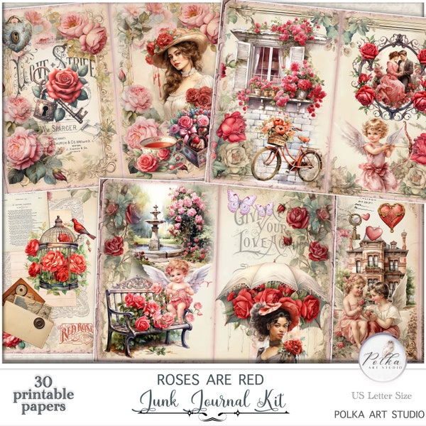 Junk Journal, romantisch, Rote Rosen Valentinstag, Liebe, Vintage Papier, Journaling Kit, Shabby Chic Viktorianisch, Papiere zum sofort herunterladen