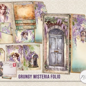 Peut inclure: Un kit de scrapbooking num&eacute;rique &agrave; l'esth&eacute;tique vintage avec une femme, une porte et des fleurs de glycine. Le kit comprend divers &eacute;l&eacute;ments tels que des &eacute;tiquettes, des cartes et des papiers. Le texte "Grungy Wisteria Folio" est inclus dans l'image.