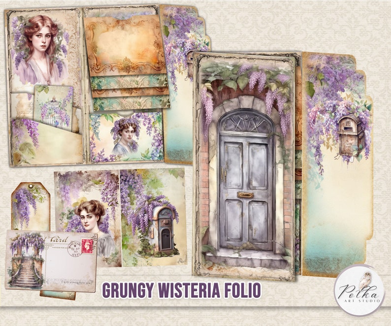 Peut inclure: Un kit de scrapbooking num&eacute;rique &agrave; l'esth&eacute;tique vintage avec une femme, une porte et des fleurs de glycine. Le kit comprend divers &eacute;l&eacute;ments tels que des &eacute;tiquettes, des cartes et des papiers. Le texte "Grungy Wisteria Folio" est inclus dans l'image.