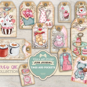 Kit de etiquetas y bolsillos para decorar diarios basura - Descarga imprimible "Dulce Amor" de San Valentín, kit DIY, etiquetas vintage estilo shabby chic, tamaño carta A4