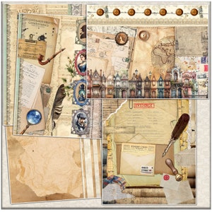 May include: A vintage-style collage featuring a world map, old letters, a magnifying glass, a pipe, a feather quill, and a row of colorful houses. The collage is decorated with lace, buttons, and other embellishments. The text "Evidence" is visible on a piece of paper.