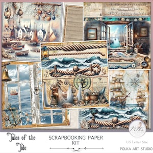 Album, Zestaw dekoracyjny Marine Vintage Scrapbooking Cyfrowe strony papieru, Dziennik do druku, Kolaż, Cyfrowe pobieranie papieru, Zestaw cyfrowy