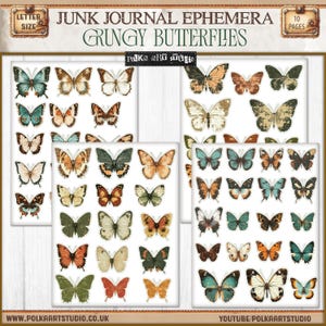 Op de afbeelding: Een digitale download van 30 grunge-stijl vlinderillustraties. De vlinders zijn in verschillende kleuren en patronen, waaronder bruin, blauw, groen en wit. De illustraties zijn perfect om een vintage touch toe te voegen aan je junk journals, planners en andere papiercrafts.
