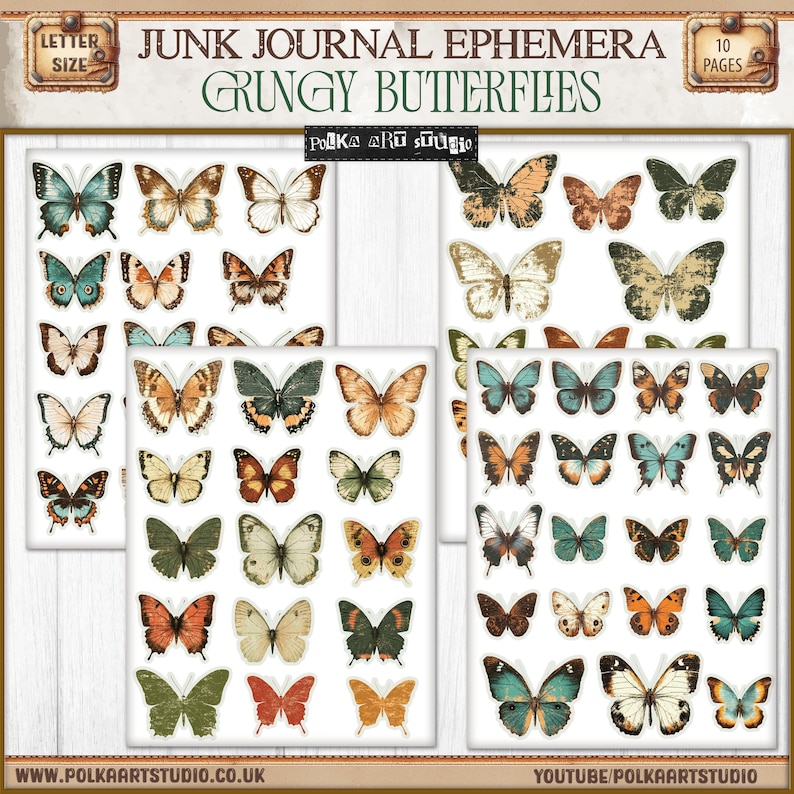 Op de afbeelding: Een digitale download van 30 grunge-stijl vlinderillustraties. De vlinders zijn in verschillende kleuren en patronen, waaronder bruin, blauw, groen en wit. De illustraties zijn perfect om een vintage touch toe te voegen aan je junk journals, planners en andere papiercrafts.