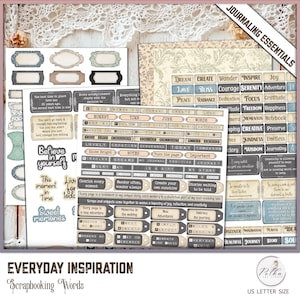 Digital Junk Journal Basic scrapbooking woorden kit, journaling woorden, versieringen, collage vintage ephemera, schrijfmachine afdrukbare download