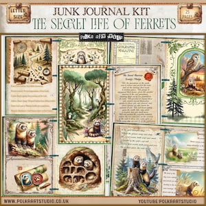 Diario digitale Junk Journal Ferret Adventure / Kit diario rustico sulla natura della fauna selvatica / Download di documenti vintage e materiale effimero stampabili