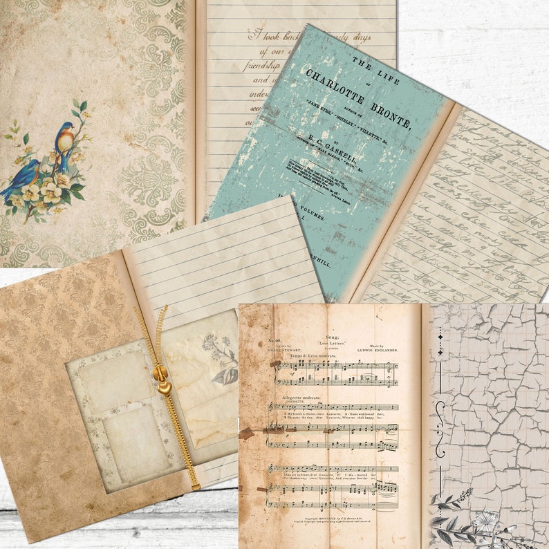 Junk Journal Blank decorative 30 double pages Pack / Neutral Vintage color papers / Instant download image 6