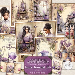 Kit de journal indésirable victorien violet apothicaire, vintage éphémères à base de plantes, botanique imprimable, collage, papiers à téléchargement numérique, kit de chiffres