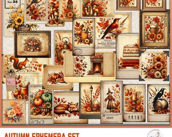 Vintage Autumn Ephemera Cards: Junk Journal Kit (Digital Printable)