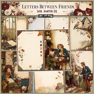 May include: A Letters Between Friends junk journal kit featuring various stationery pages with autumn-themed illustrations, including scenes of people writing letters, birdhouses, floral borders, and lined paper for correspondence in warm tones.
