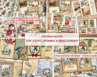 Junk Journal Bundle 40 Pages - Vintage Christmas Junk Journal Kit with Ephemera, Embellishments & Decorations | Santa | Vintage Printable