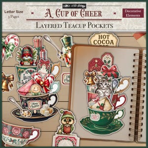 May include: A festive image featuring layered teacup pockets with Christmas-themed decorations. The design includes candy canes, gifts, a gnome, a nutcracker, and a kitten. Text includes "A Cup of Cheer" and "Merry Christmas".
