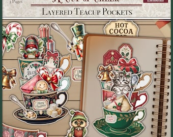 Digital Christmas Junk Journal Stacked Teacups Pockets, Ephemera Tags, Festive Printable Labels, Decorative Paper Craft Journaling Supplies