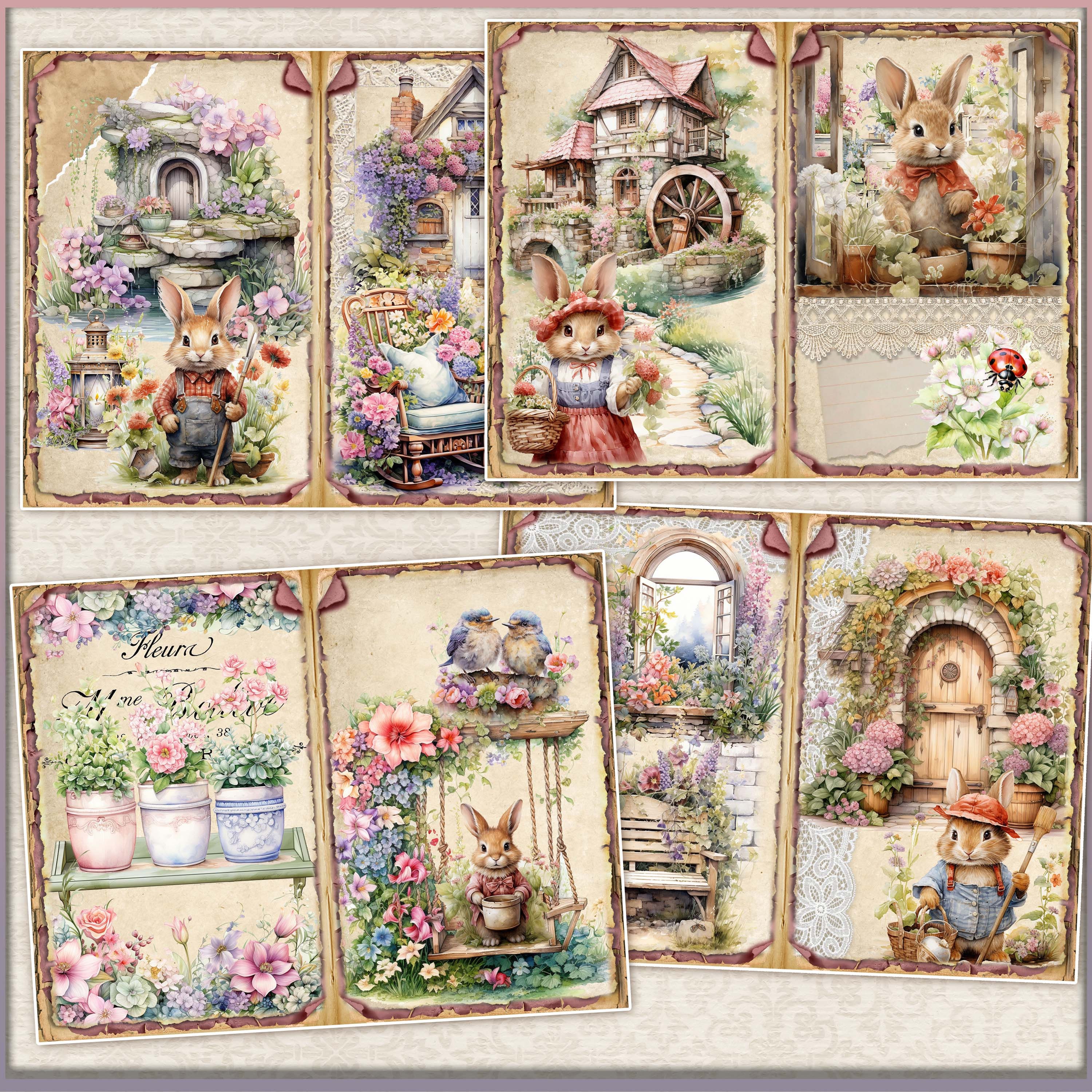 Spring Garden Bunnies Junk Journal Kit: Shabby Chic Ephemera (digital ...