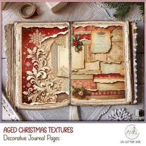 Weihnachten Junk Journal Alter Papier & dekorative Damast Winter rot Journal Seiten, Scrapbooking, Papier Pack Vintage Instant Download