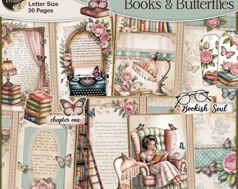 Books and Butterflies Junk Journal Kit: Vintage Ephemera, Printable Pages (Digital Download