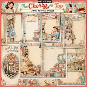 Può includere: Una collezione di pagine di diario spazzatura "The Cherry on Top" con un tema vintage di soda shop e panetteria. Le pagine presentano illustrazioni di donne, dessert e vetrine di negozi retrò, con testo come "Sweet Summer Memories".