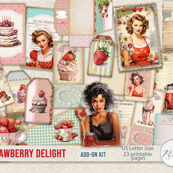 Digital Junk Journal Kit, Add On Kit Strawberry Desserts, Pin Up Girls, Vintage, Retro Ephemera Pages, Embellishments Pages, Printable Pages