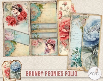 Junk Journal vintage Folio, Insert de Journal, Peonies vintage Ephemera, Loaded Folded Folio Printable Craft Digi Kit, Flowers, Scrapbooking