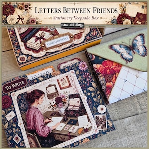 May include: A stationery keepsake box set titled Letters Between Friends featuring floral patterns, a butterfly print, and dividers labeled To Write, To Send, and Received. The box displays an illustration of a person writing at a desk.