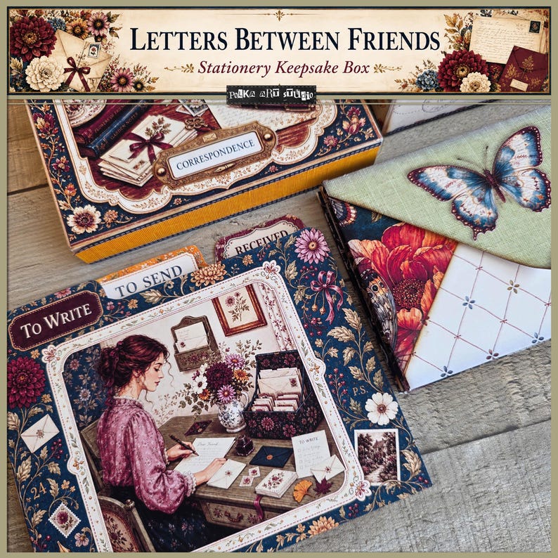 May include: A stationery keepsake box set titled Letters Between Friends featuring floral patterns, a butterfly print, and dividers labeled To Write, To Send, and Received. The box displays an illustration of a person writing at a desk.