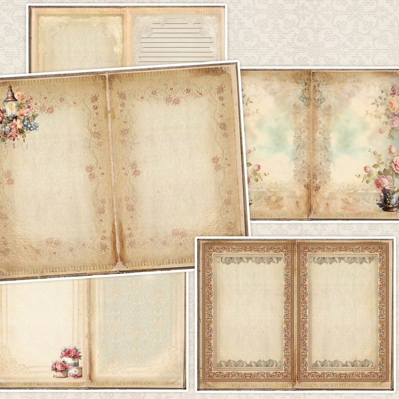 May include: Five different vintage-style open books with blank pages. Each book has a different decorative border and background. The books are perfect for scrapbooking, journaling, or adding a vintage touch to your crafts.