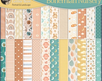 May include: A decorative paper pack with a Bohemian Nursery theme. The pack includes 30 letter-size papers with various patterns, including rainbows, bears, foxes, and moons. The colour palette features soft pastels and earth tones. The text on the image reads "POLKA ART STUDIO".
