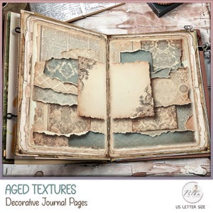 Junk Journal Stary papier i cyfrowe dekoracyjne strony dziennika Damask Neutral Blue, scrapbooking, pakiet papieru Vintage do pobrania natychmiast