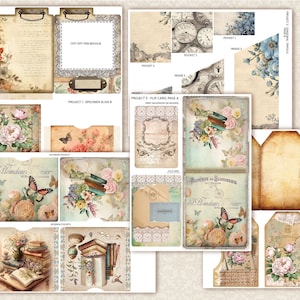 K&ouml;nnte beinhalten: Ein digitales Scrapbooking-Set mit Vintage-Blumen- und Buchillustrationen. Das Set enth&auml;lt eine Vielzahl von Elementen wie Taschen, Etiketten und Karten, die verwendet werden k&ouml;nnen, um einzigartige und personalisierte Scrapbooking-Seiten zu erstellen. Das Set verf&uuml;gt &uuml;ber eine Farbpalette aus sanften Blaut&ouml;nen, Rosa und Gr&uuml;n.