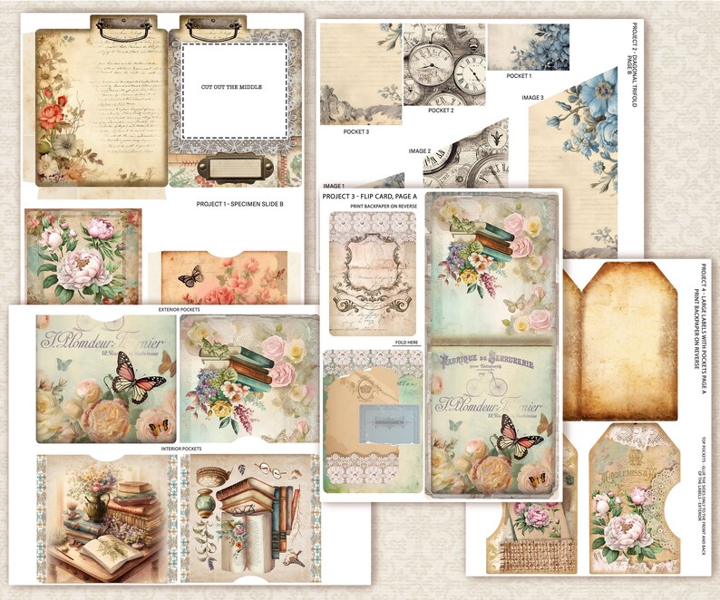 K&ouml;nnte beinhalten: Ein digitales Scrapbooking-Set mit Vintage-Blumen- und Buchillustrationen. Das Set enth&auml;lt eine Vielzahl von Elementen wie Taschen, Etiketten und Karten, die verwendet werden k&ouml;nnen, um einzigartige und personalisierte Scrapbooking-Seiten zu erstellen. Das Set verf&uuml;gt &uuml;ber eine Farbpalette aus sanften Blaut&ouml;nen, Rosa und Gr&uuml;n.