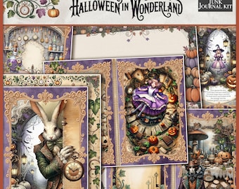 Halloween Alice in Wonderland Junk Journal Kit, Printable Journal Pages, Spooky, Haunted Fall Crafts