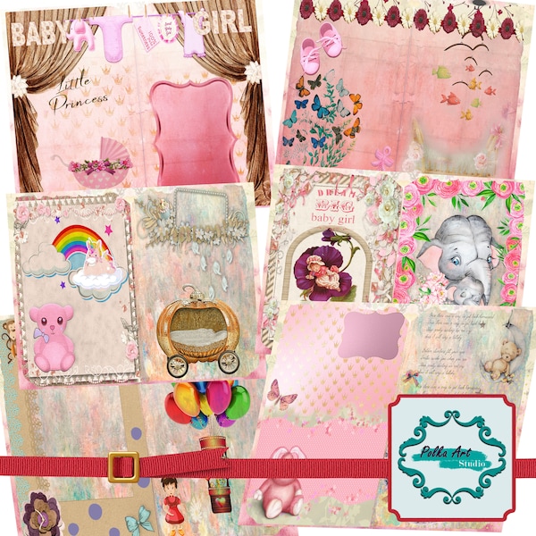 Junk Journal "Baby Girl 1st Journal" / Vintage Pink Baby Kit Album / 23 scrapbooking pages for Instant download