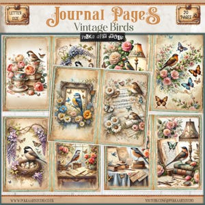 Kit diario digitale di uccelli spazzatura, pagine di diario vintage di uccelli vittoriani, carte decorative digitali vintage con acquerelli pastello