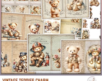 Teddy Bear Junk Journal Kit: Vintage Shabby Chic Pages (Digital Download)