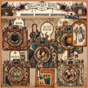 May include: A collection of Halloween Hotel Room 13 loaded camera pockets featuring vintage-style cameras with ornate patterns, floral motifs, and circular frames containing portraits of a cat, an owl, a person, and a pumpkin-headed figure.