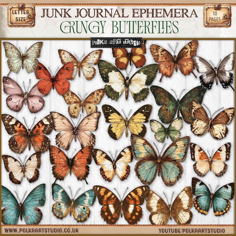 Op de afbeelding: Een verzameling van 10 digitale papieren met grunge-stijl vlinderillustraties in verschillende kleuren en patronen. Junk Journal Ephemera Grungy Butterflies door Polka Dot Studio.