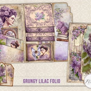 Junk Journal Vintage Folio, inserto de diario, efímera vintage lila, kit digital de manualidades imprimible con folio plegado cargado, flores, álbum de recortes