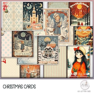 Cartes de voeux numériques de Noël, cartes d'hiver fantaisistes imprimables, cartes éphémères de journal indésirable, kit éphémère vintage, tirages à téléchargement immédiat