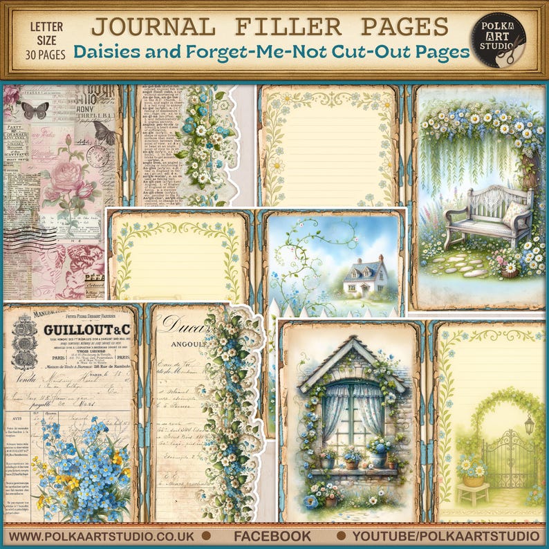 Pu&ograve; includere: Una collezione di pagine di riempimento per diario con un'estetica vintage. Le pagine presentano disegni floreali, tra cui margherite e nontiscordardim&eacute;, con una tavolozza di blu tenui, rosa e crema. Il testo "JOURNAL FILLER PAGES" &egrave; in alto.