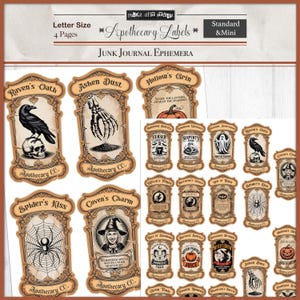 May include: A collection of vintage-style apothecary labels with a Halloween theme. The labels feature illustrations of ravens, skeletons, spiders, and witches, with text such as "Raven's Oath" and "Spider's Kiss". The labels are in shades of brown and beige.