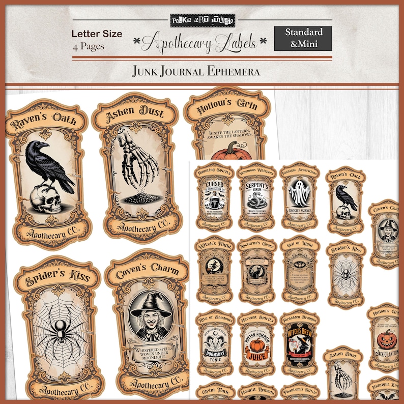 May include: A collection of vintage-style apothecary labels with a Halloween theme. The labels feature illustrations of ravens, skeletons, spiders, and witches, with text such as "Raven's Oath" and "Spider's Kiss". The labels are in shades of brown and beige.