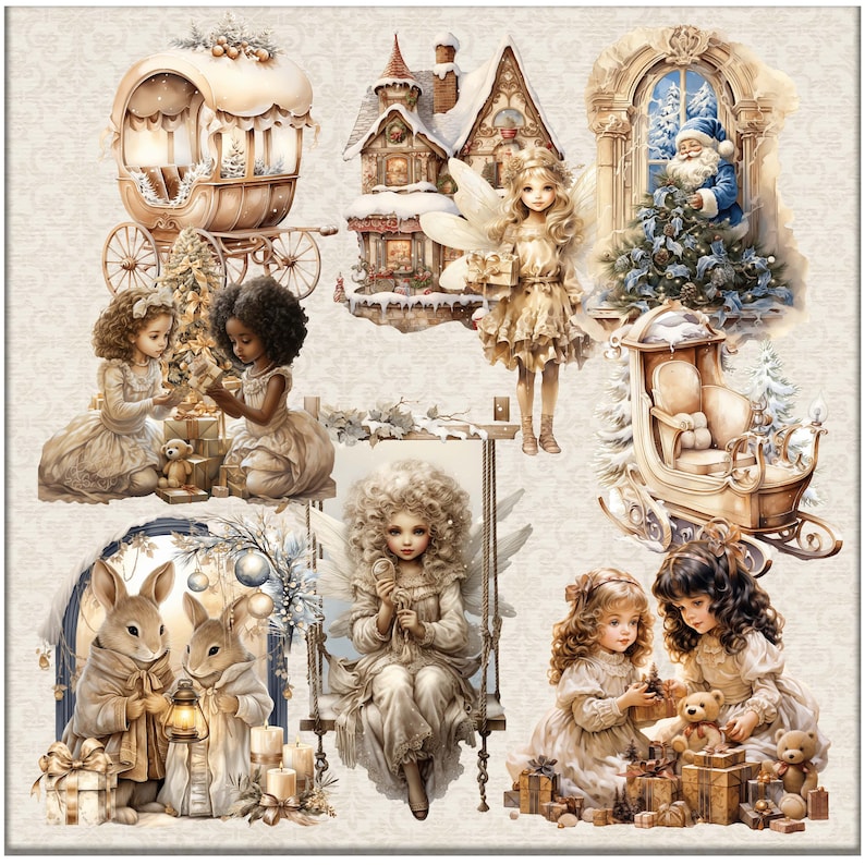 Junk Journal Fussy Cuts Fantasy Beige Christmas Collection, Digital Download, Cricut, Digital Stickers, Victorian Ephemera,Planner Stickers image 5