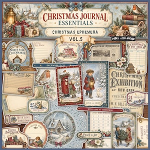 Puede incluir: Una colección de efímeros de papel con temática navideña que presenta ilustraciones de estilo vintage de escenas invernales, niños, petirrojos y motivos festivos. Incluye etiquetas, tarjetas y letreros con el texto Christmas Journal Essentials.