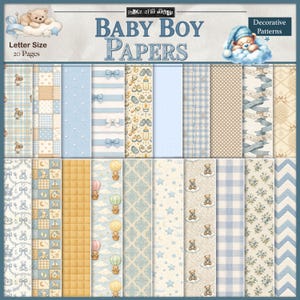 Puede incluir: Una colección de 20 papeles para bebé niño tamaño carta con patrones decorativos. Los papeles presentan varios diseños, incluyendo ositos de peluche, globos aerostáticos, lazos y biberones, en tonos azules, beige y amarillos. El texto "Baby Boy Papers" se muestra en la parte superior.