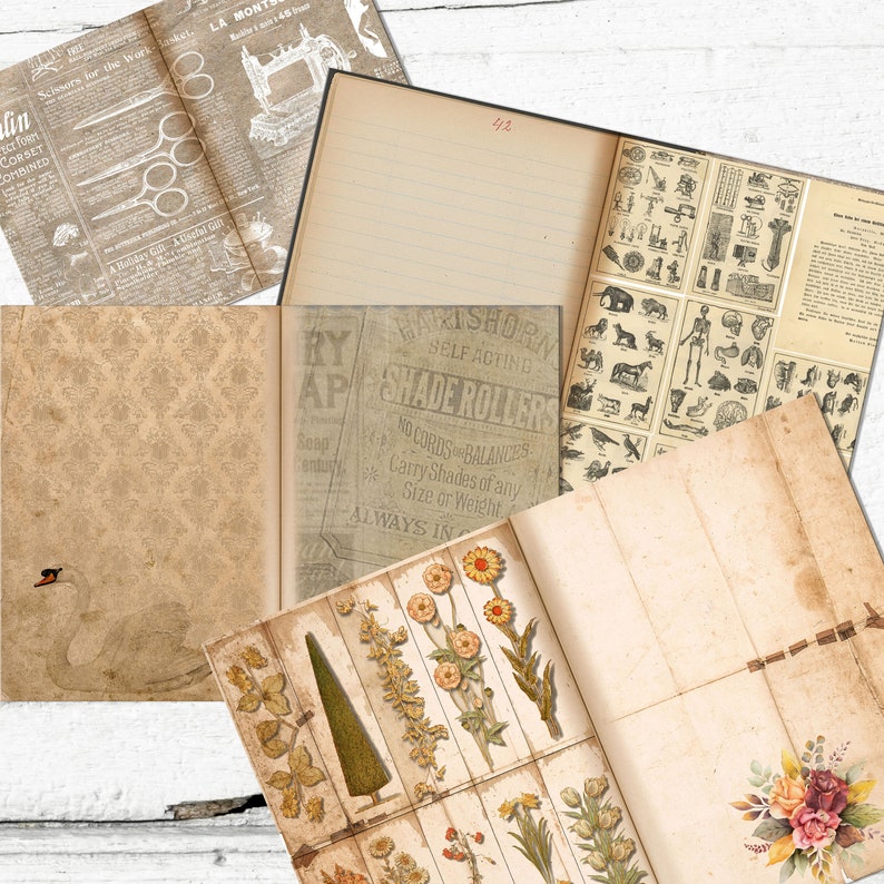 Junk Journal Blank decorative 30 double pages Pack / Neutral Vintage color papers / Instant download image 5