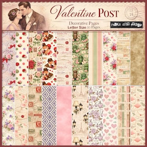 May include: Valentine Post decorative pages with vintage illustrations. The pages feature romantic imagery, including couples, roses, hearts, and postage stamps. The color palette includes soft pinks, reds, and greens, with the text "Valentine Post" at the top.